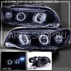 Фары черные BMW X5 линзовые с ангельскими глазками 00-04
