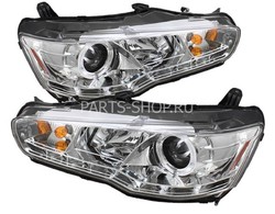 Фары линзовые хром с DRL и ангельскими глазами Lancer (комплект)