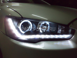 Фары линзовые черные Lancer X с ДХО и ангельскими глазками (комплект)
